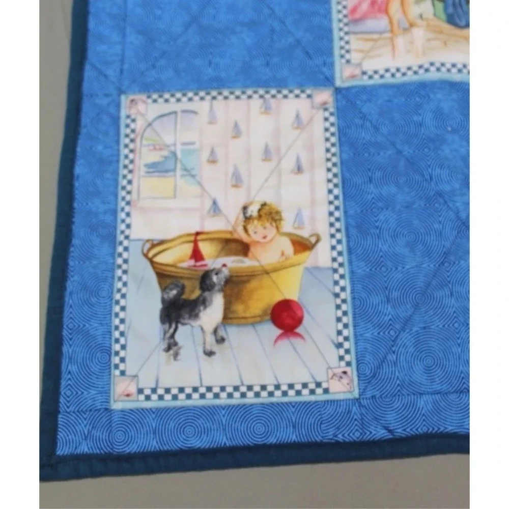 Handmade Baby Crib Quilt Blanket Blue Nursery + Plush Puppy Dog Toy Lot